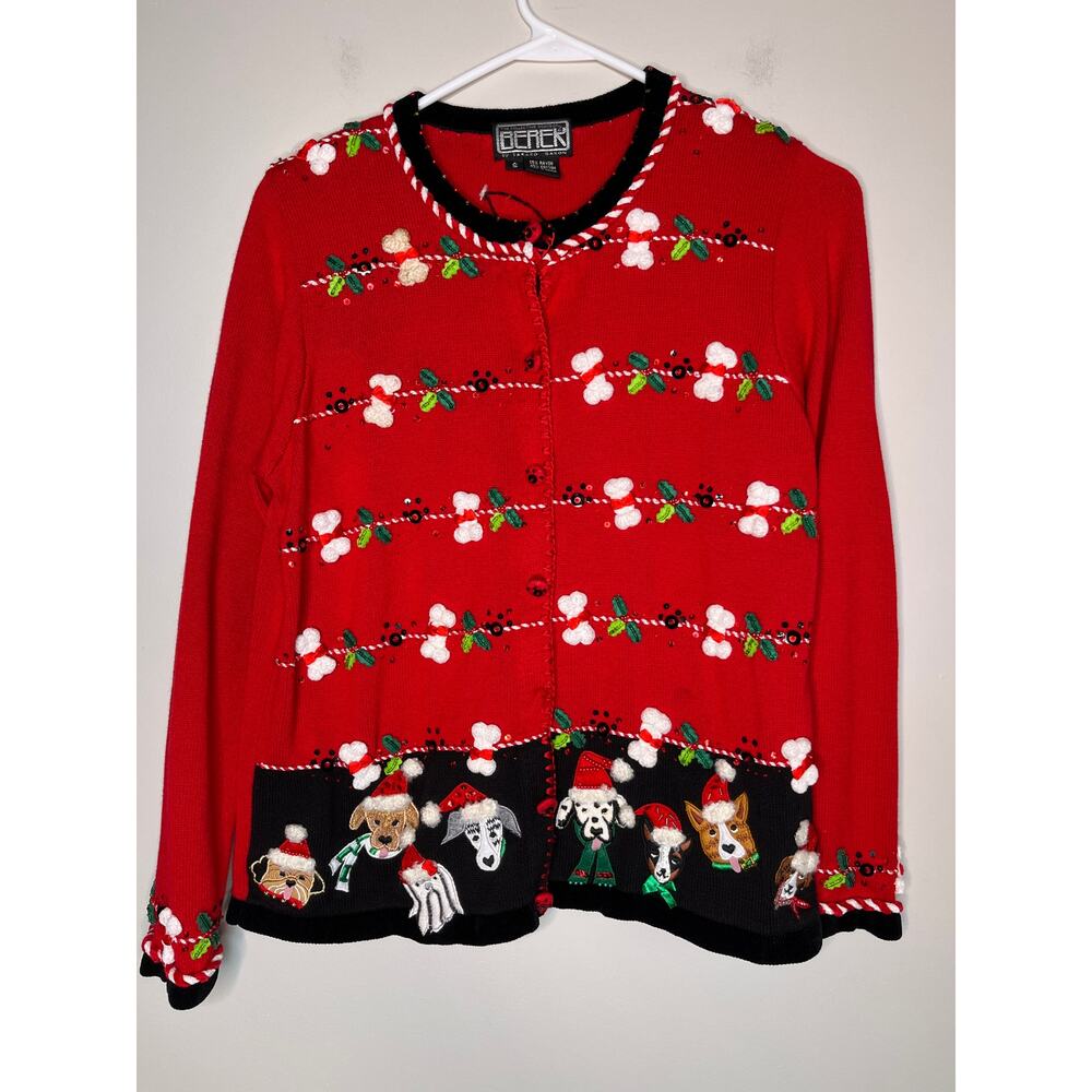1990s Berek Christmas Dogs In Santa Hats Corgi Dalmatian Pug Sequin Cardigan S